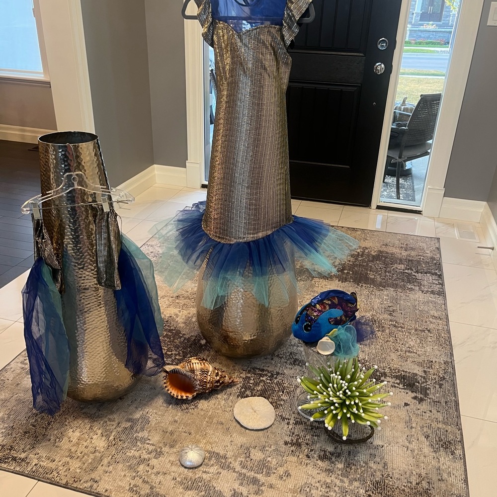 Metallic Blue Mermaid Dress with Tulle Trim